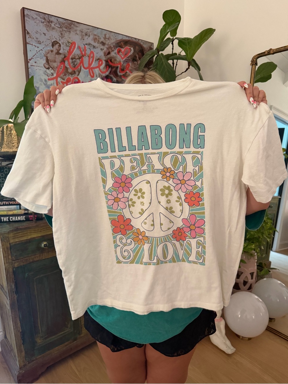 Billabong White Retro Peace & Love Floral Graphic Tee